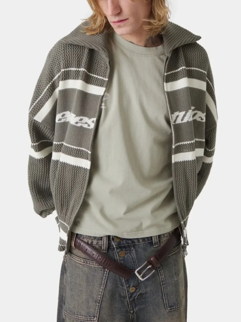 Forest Green Knit Bomber Jacket with Stripe Detail